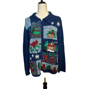 Vintage Heirloom Collectibles Christmas Sweater Women’s Large Blue Zip Cardigan